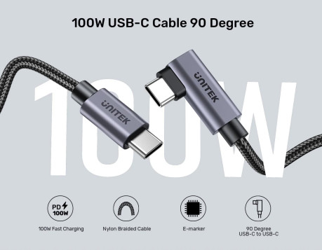 UNITEK TYPE-C HIZLI ŞARJ KABLOSU 90 DERECE 3 METRE 100W (C14123BK-3M)